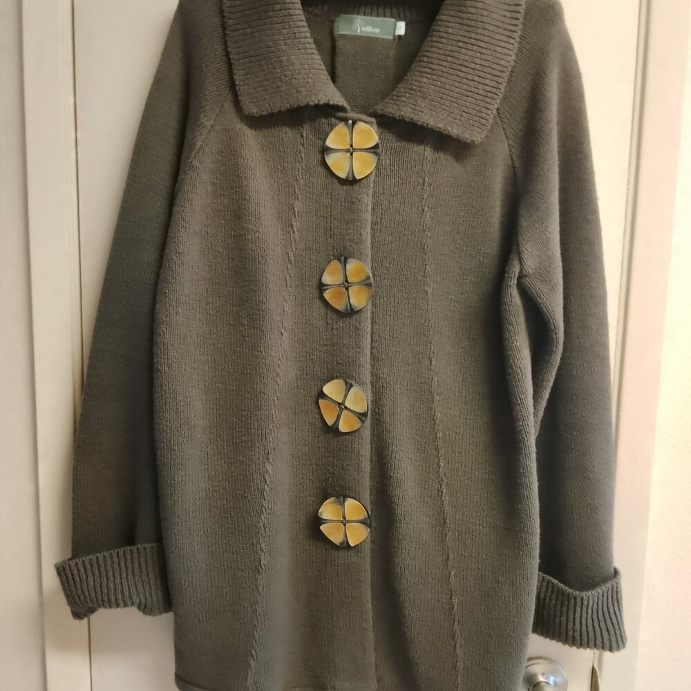 Women's Vintage Willow Boho Long Gray Sweater Coat with Fancy Buttons Large